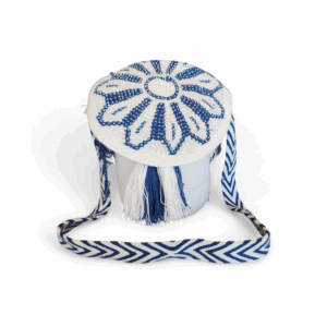 Blue and White Beaded Flap Wayuu Mochila Bag