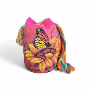 Hand-Painted Pink Sunflower Butterfly Crossbody Wayuu Mochila Bag