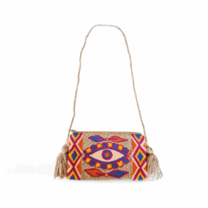 Beige and Fuchsia Fiesta Beaded Crossbody Clutch Bag