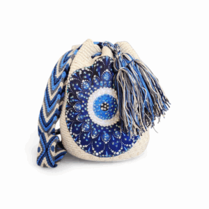 Beige and Sapphire Mandala Crossbody Wayuu Mochila Bag