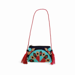 Navy and Turquoise Fan Motif Wayuu Clutch Crossbody Bag