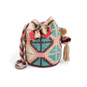 Teal and Coral Geometric Beaded Crossbody Wayuu Mochila Bag